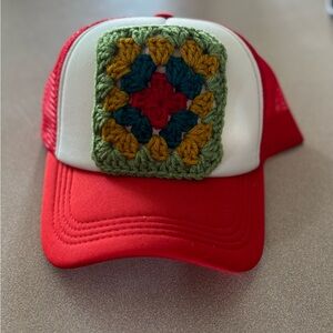 Red Trucker Hat with Granny Square Crochet Patch